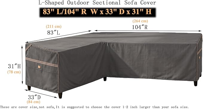 Heavy Duty Waterproof Outdoor L-Shaped Sectional Sofa Cover UV Resistant Patio Furniture Covers for Left Facing 83" L/104 R W X 33" D x 31" H Dark Grey