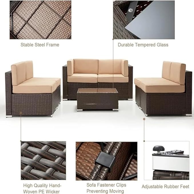 U-MAX 7 Piece Outdoor Patio Furniture Set with 30 Inch Fire Pit Table, PE Rattan Wicker Sofa Set, Outdoor Sectional Furniture Chair Set with Cushions and Tea Table, Brown Rattan&Beige Cushion