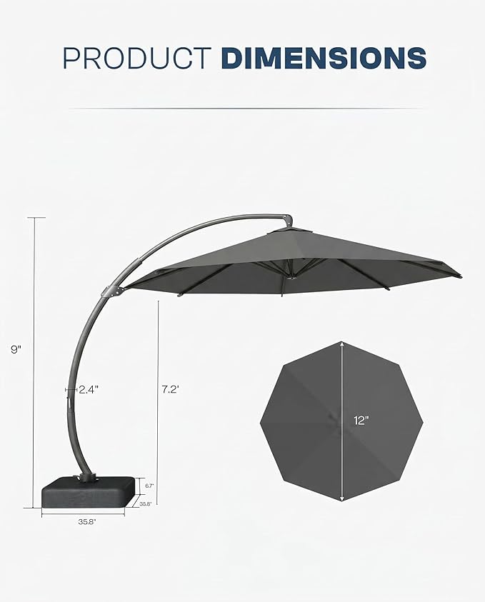 12 FT Cantilever Umbrella with Base Included, Large Round 360° Rotation Offset Umbrella Outdoor Patio, Heavy Duty Aluminum Frame, Sand-Weighted Stand, for Deck, Backyard, Pool, Garden (Grey)
