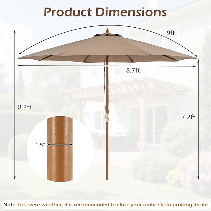 Tangkula 9 FT Patio Umbrella, Outdoor Table Market Umbrella with 8 Wooden Ribs, 3 Adjustable Heights, Rope Pulley System for Garden, Vented Top for Pool Backyard Deck Garden