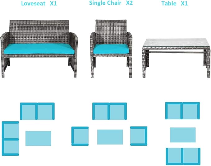 DORTALA 4 Piece Patio Furniture Set, Outdoor Wicker Conversation Set with Soft Cushions & Tempered Glass Coffee Table, Rattan Patio Sofa Bistro Sets for Courtyard Balcony, Turquoise