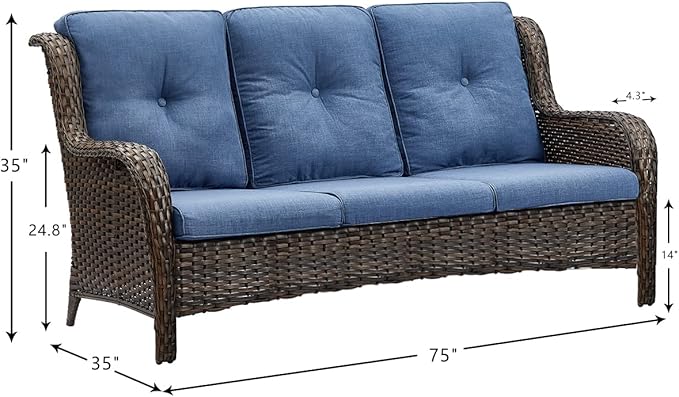 Rilyson Outdoor Couch Wicker Patio Sofa - 3 Seat Rattan Sofa with Deep Seating and Comfortable Cushions for Outside Porch Deck Balcony Garden(Brown/Blue)