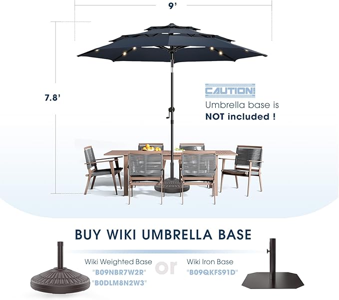 wikiwiki 9FT 3Tiers Solar Led Patio Umbrella, Sturdy Outdoor Market Umbrella for Deck, Pool, Garden w/Tilt, Crank, 32 LED Lights, Navy Blue