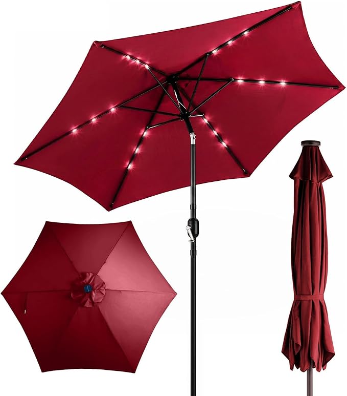 VINGLI 9FT Patio Umbrella with Solar Lights, Outdoor Umbrella with Push Button Tilt and Crank, Umbrella Outdoor Patio for Patio, Deck, Backyard, Pool