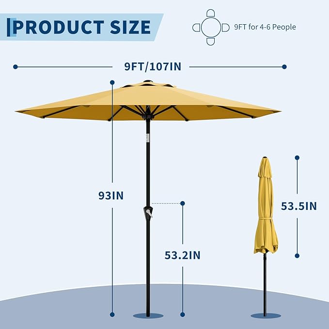 Garvee 9FT Patio Umbrella - Outdoor Table Umbrella with Smooth Crank Lift, Push Button Tilt and 8 Sturdy Ribs - Market Umbrella UV Protection Waterproof for Pool, Deck, Yard, Garden