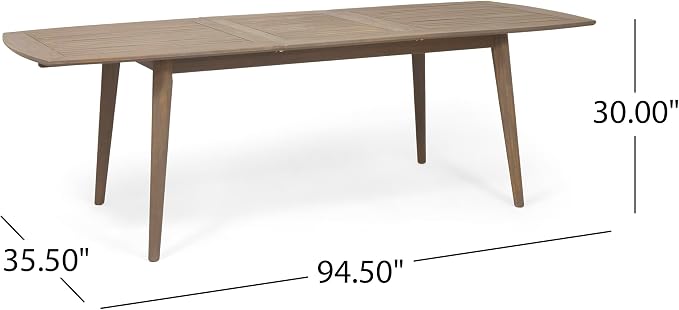IRONORA Grey Wash Acacia Wood Extendable Patio Dining Table, 94.5 Inch Rectangular Slatted Top Outdoor Farmhouse Table for 6-8 People, Weathered Wooden Table for Backyard Balcony