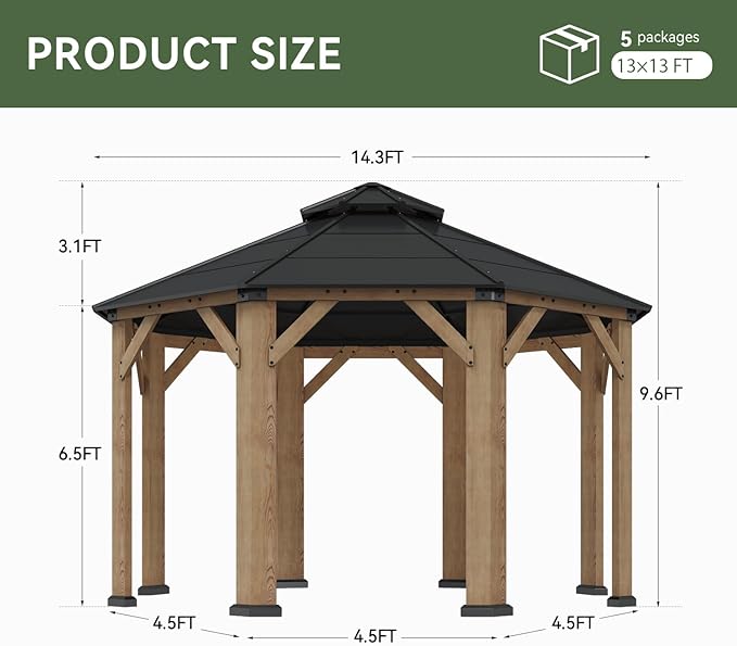 Aoxun 13' x 13' Outdoor Wood Gazebo, Hardtop Gazebo Permanent Wooden Pavilion with Galvanized Steel Double Roof, for Backyard, Garden, Poolside, Cedar Wood, Natural