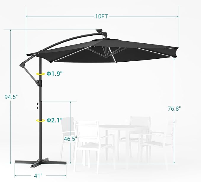 10ft Offset Patio Umbrella with Solar Light Strips,Outdoor Cantilever Hanging Umbrella with Cross Base, Fade Resistant Recycled Fabric, for Pool, Deck, Garden,Backyard,