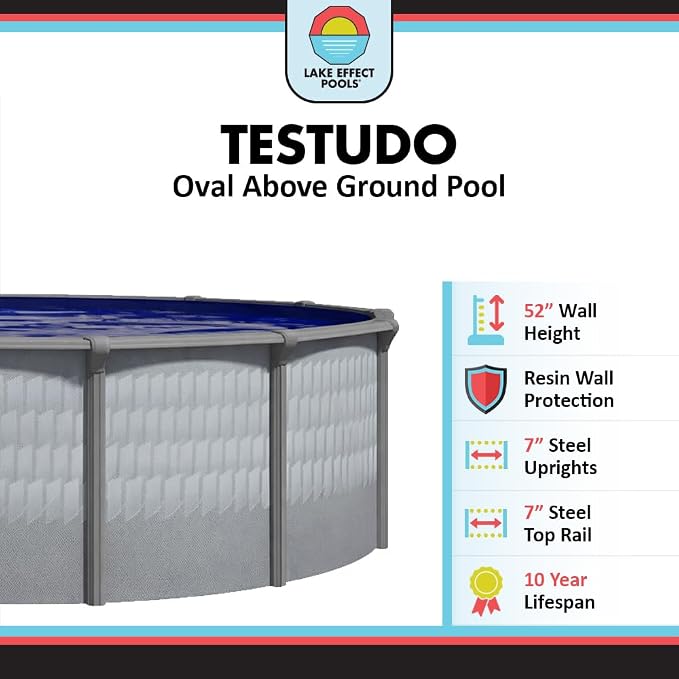 Lake Effect Pools 'Testudo' 12 ft x 24 ft Oval Above Ground Swimming Pool | 52 Inch Resin Protected Steel Sided Walls | Bundle Includes: 25 Gauge Overlap Liner & Widemouth Skimmer