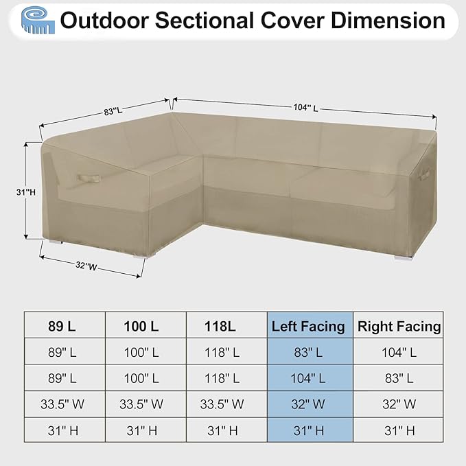 OutdoorLines Waterproof Outdoor Patio Sectional Cover - UV Resistant & Windproof L-Shaped Patio Furniture Covers for Deck, Lawn and Backyard, 420D Heavy Duty Couch Cover, Left Facing, 83"x104", Camel