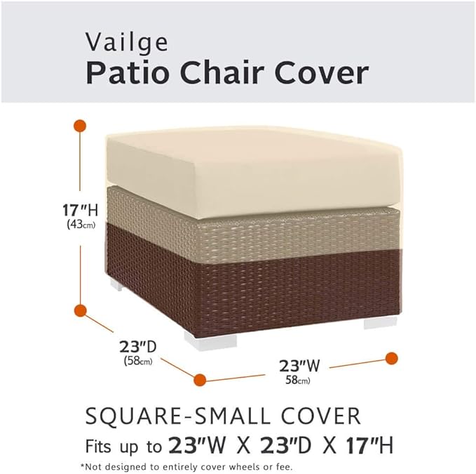 Vailge Square Patio Ottoman Cover, Waterproof Outdoor Ottoman With Padded Handles, Heavy Duty Side Table Cover (Small, Beige & Brown)