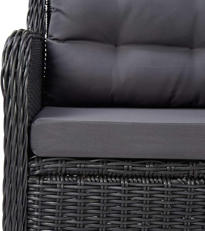 7-Piece Outdoor Dining Set 78.7" Rectangular Acacia Wood Table with Black Poly Rattan Chairs Powder-Coated Steel Frame Weather-Ready Cushions Patio Furniture for Garden Backyard Terrace
