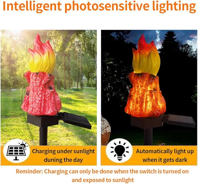 Solar Powered Red Bonfires Lights, Garden Decorative Resin Cute Red Torch Ground lamp, Wireless Dusk to Dawn LED Lights Waterproof.
