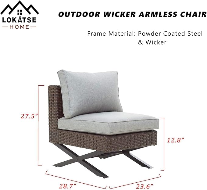 LOKATSE HOME Patio Sofa Rattan Armless Chair X Shape Leg Metal Frame Outdoor Wicker Furniture with Cushions for Garden Backyard Pool, Brown