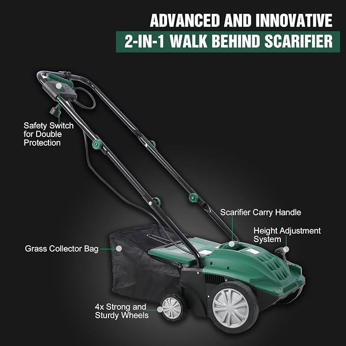 13 Inches Scarifier,2-in-1 Electric Dethatcher Scarifier with Removable Collection Bag,Lawn Scarifier with Adjustable System,Electric Lawn Dethatcher for Home Garden