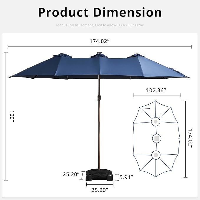 15ft Large Patio Umbrellas with Base & Solar Lights,Outdoor Rectangle Double-Sided Market Umbrella with Stand & 38 LED Lights,Outside Umbrellas for Poolside Deck Backyard (Blue)