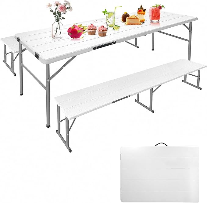 Picnic Table Set with 2 Benches, 5.8FT Portable Folding Picnic Table for Indoor Outdoor, Camping Patio Dining, Heavy Duty Metal Frame, Compact Carry for Backyard, White