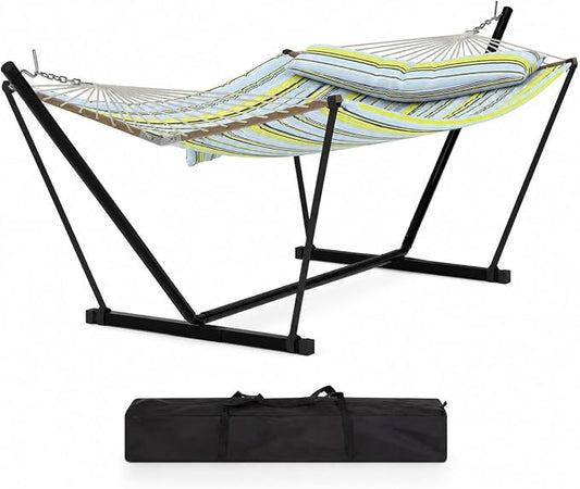 2 Person Heavy Duty Outdoor Hammock with Stand, Portable Double Hammock with Hardwood Spreader Bar, Pillow & Balance Ropes, 450LB Max Capacity with Carry Bag for Patio Backyard Garden Beach