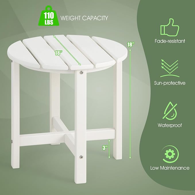 Tangkula Round Outdoor Side Table, 18" Weather Resistant HDPE Adirondack Table, Outdoor Indoor Chairside End Tables, Patio Side Table for Lawn Garden Balcony Backyard, Easy Assembly (1, White)