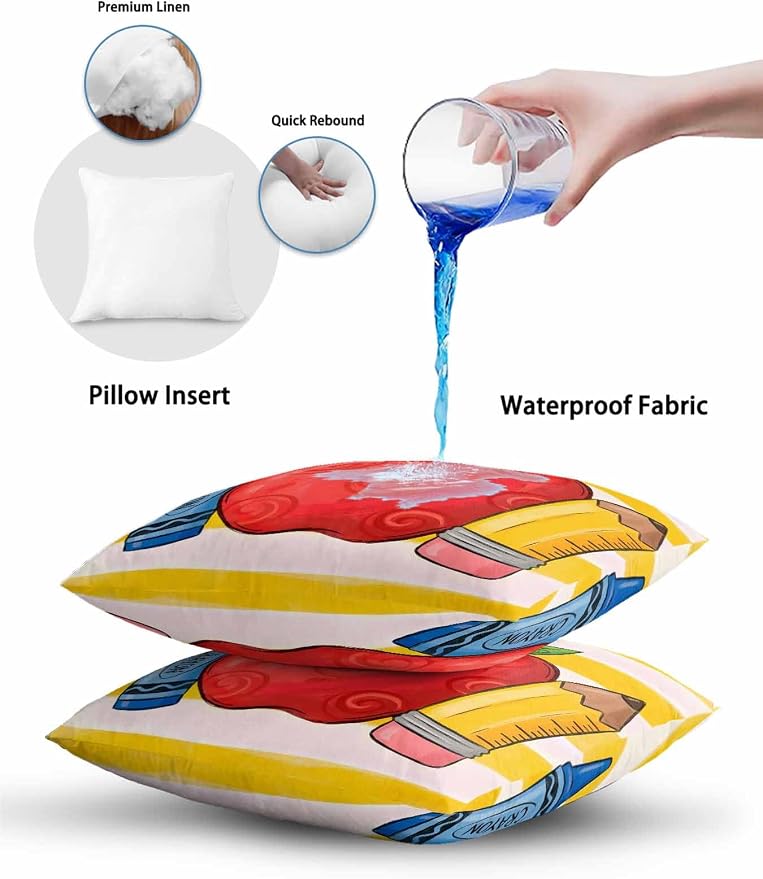 Outdoor Throw Pillow Set of 2, Children's Day Waterproof Pillow with Insert Included, Funny Cartoon Pencil Yellow Striped Decorative Accent Cushion Sofa Pillows for Patio Porch, 18 x 18 in