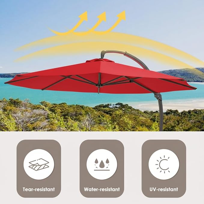 ENSTVER 11FT Cantilever Patio Umbrella With Base Included, Round Large Aluminum Outdoor Cantilever, Heavy Duty Offset Umbrella with 360°Rotation for Pool, Deck, Backyard, Garden(Red)