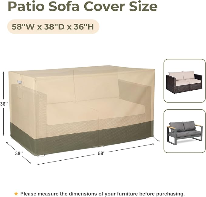 BPS Patio Sofa Cover, Waterproof 600D Oxford Outdoor Couch Cover with Attached Storage Bag and Reflective Handles for Patio 2-Seater Loveseat and Bench, 58''W x 38''D x 36''H
