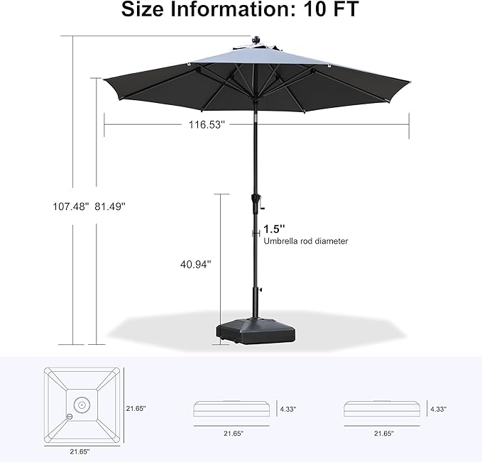 PURPLE LEAF 10' Round Patio Market Umbrella with Base Outdoor Table Umbrellas Aluminum Frame Sun Shade with 8 Sturdy Ribs Tilt for Garden Deck Lawn Pool Gray