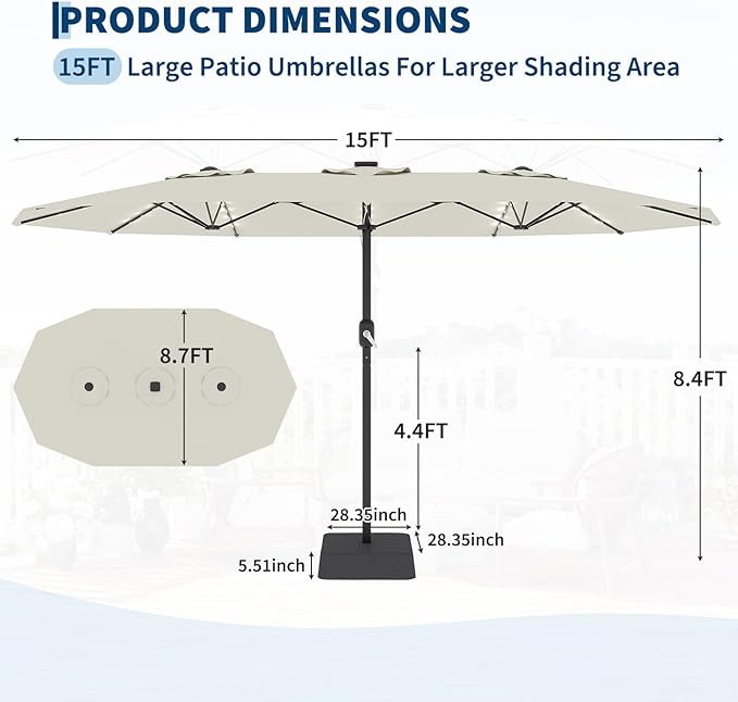Garvee 15FT Rectangular Patio Umbrella with Solar Lights & Base Included - Large Patio Umbrella with Crank Handle 48 LED Lights, UV Protection for Outdoor Market, Backyard, Deck, Poolside, Lvory