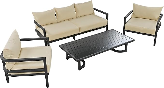 LUMISOL Aluminum Outdoor Patio Sectional Sofa Set, 4-Piece Modern Conversation Set with Coffee Table & Upgrade Cushions, 5-Seat All-Weather Outdoor Sectional Sofa for Backyard, Poolside (Beige)