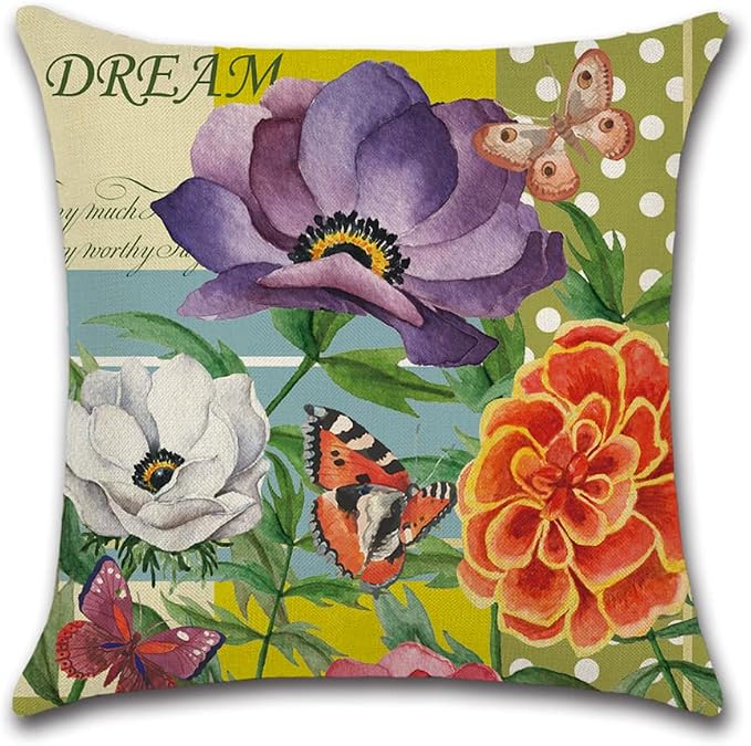 Artscope Set of 4 Waterproof Throw Pillow Covers 18x18 Inches, Vintage - Flowers and Butterflies Pattern Decorative Cushion Covers, Perfect to Outdoor Patio Garden Living Room Sofa Farmhouse Decor