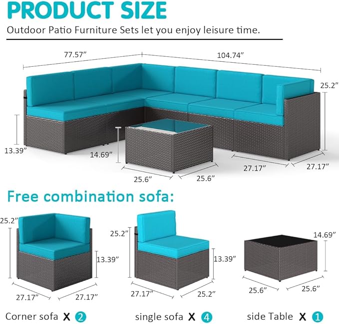 FIZZEEY 7 PCs Outdoor Patio Furniture PE Wicker Rattan Sectional Conversation Sofa Set, Turquoise