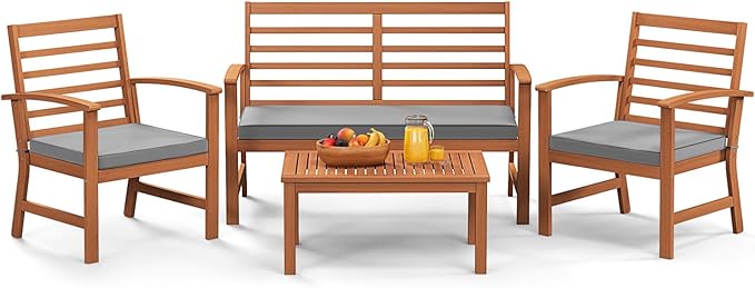 Tangkula 4 Pieces Outdoor Furniture Set, Acacia Wood Conversation Set w/Soft Seat Cushions, Stable Acacia Wood Frame, Patio Sofa & Coffee Table Set for Backyard, Porch, Poolside (Grey)