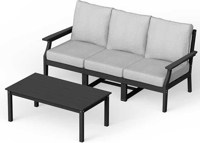 HDPE Patio Conversation Set, 4-Piece All Weather Outdoor Furniture Set with 3-Seater Modular Sofa for Deck, Lawn, with Cushion, Black