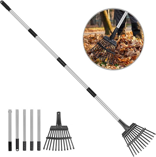 Small Leaf Rake with 11 Metal Tines, 33-68 Inch Rake for Leaves 9'' Wide Adjustable Stainless Steel Handle for Shrub, Flower Bed & Small Area