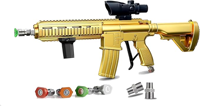 M416 Tactical Style 3600 PSI High Pressure Washer Gun with Foam Cannon & Swivel & 4 Nozzles - Airsoft Inspired Design for Car Cleaning & Outdoor Use (Gold)
