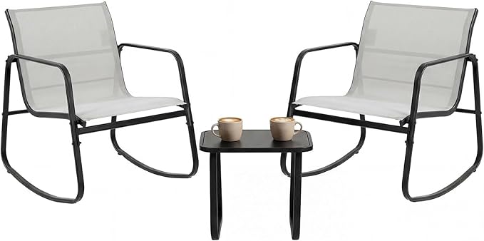DUMOS 3 Piece Patio Rocking Furniture Set，Outdoor Patio Furniture Conversation Set with Table, Patio Sectional Bistro Sets for Lawn, Garden, Balcony, Poolside (Gray)