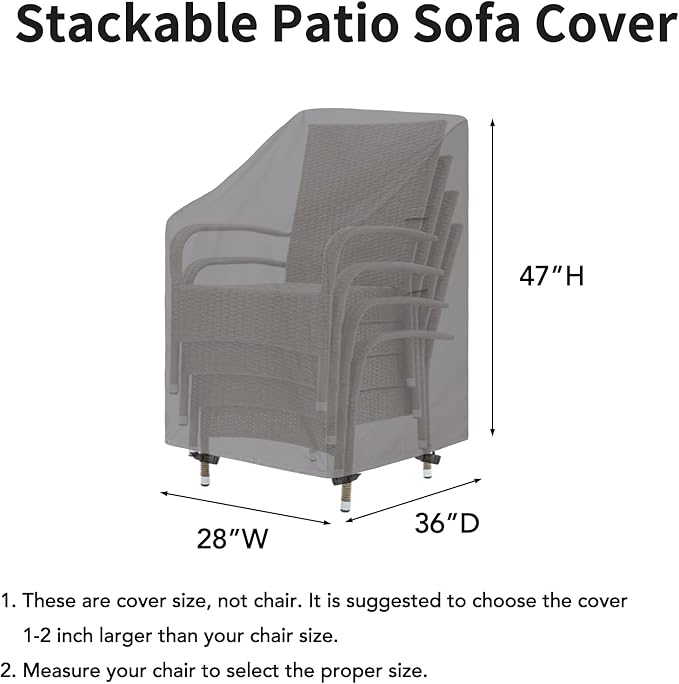 Easy-Going Stackable Patio Chair Cover UV Resistant Outdoor Chair Cover Waterproof Lawn Patio Furniture Covers Fits for 4-6 Stackable Dining Chairs (2 Pack-28Wx36Dx47H inch, Grey)