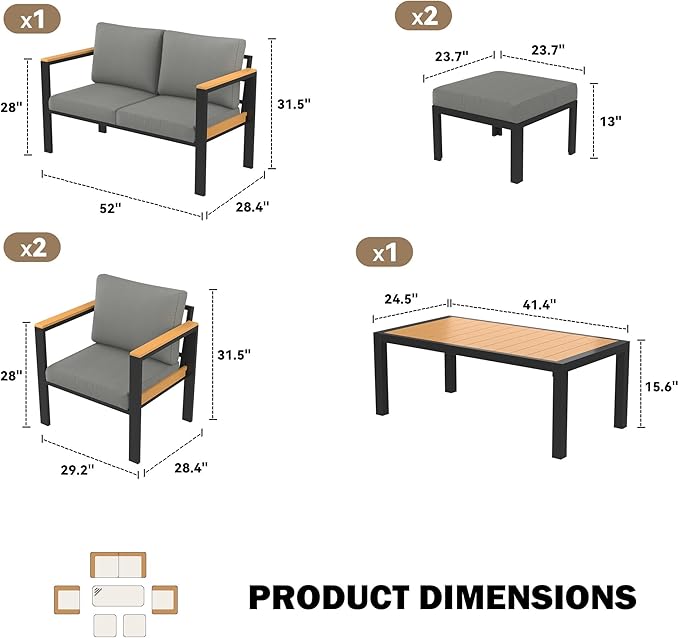 HOMREST Aluminum Patio Furniture Set with Coffee Table, 6 Seat Oversized Outdoor Sectional with Washable Thick Cushions, Patio Conversation Set with Special Wide Armrest and Deep Seat, Gray