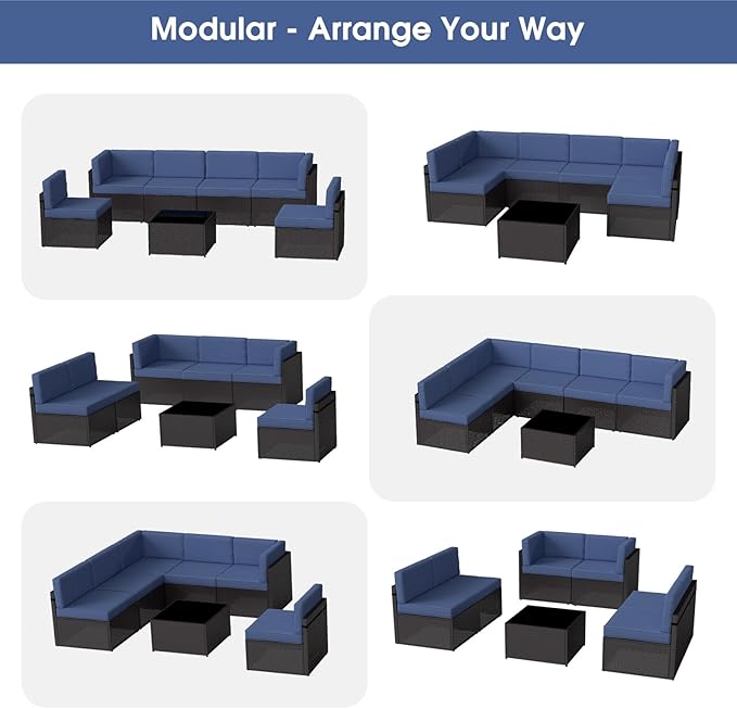 kinbor 7 Piece Outdoor Furniture Set - Waterproof Brown PE Wicker Patio Sofa with Cushions for Backyard, Poolside & Porch, Navy Blue
