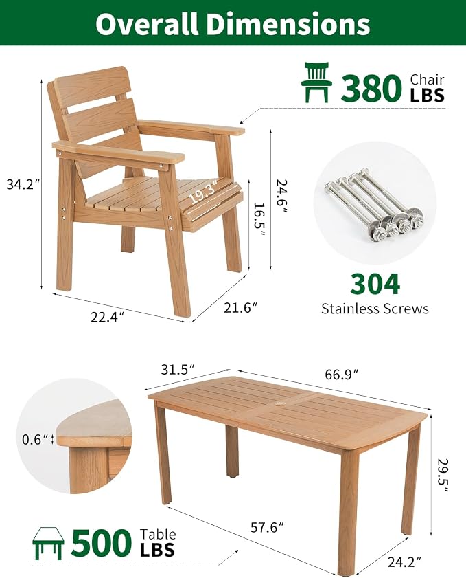 7-Piece Outdoor Dining Set, All-Weather HIPS Patio Table & Chairs for 6, Outdoor Furniture with Umbrella Hole, Ideal for Garden, Poolside, Backyard, Deck, Teak