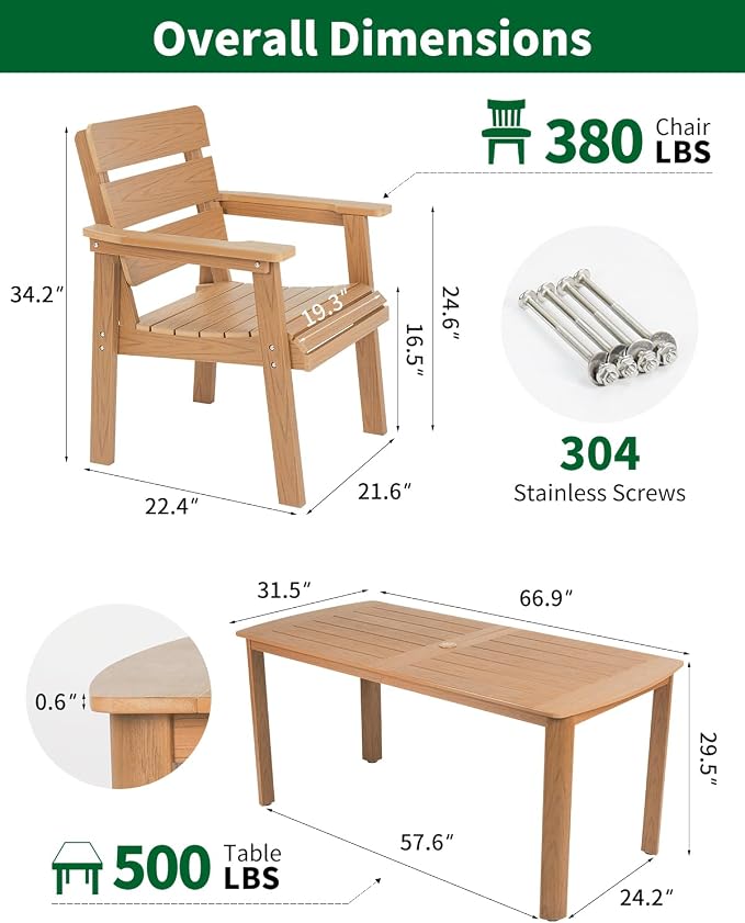 Outdoor Rectangle Dining Table with Rounded Edge, 67" All-Weather HIPS Patio Table for 6, Outdoor Furniture with Umbrella Hole, Ideal for Garden, Poolside, Backyard, Deck, Teak