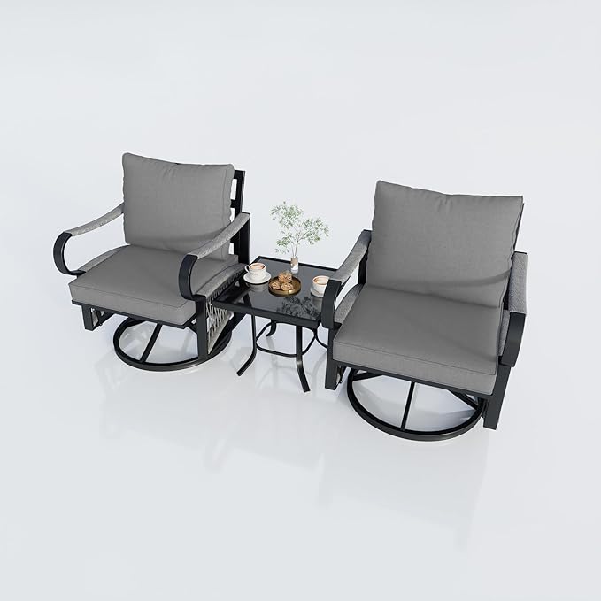 3 Pieces Outdoor Furniture Set, Metal 360° Swivel Rocking Chairs Bistro Sets, Patio Conversation Set with Side Table for Deck, Porch, Garden, Backyard, Poolside (Gray Cushions)