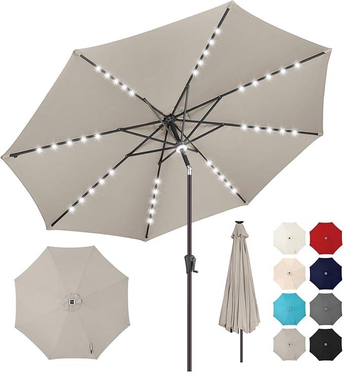 10FT Solar Umbrella Outdoor - Lighted Solar Patio Umbrella with 40 LED Lights Waterproof UV Protection, Table Umbrella with Tilt for Pool, Porch, Garden, Deck, Backyard (Taupe)