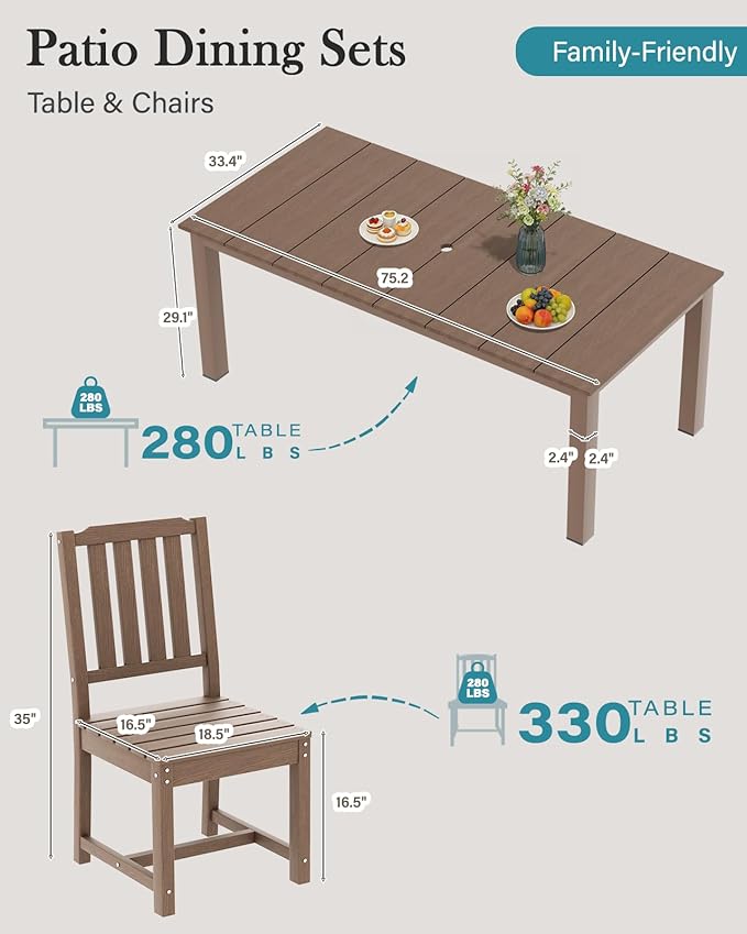 LOUNZY 9 Pieces Patio Dining Sets, Outdoor HDPE Furniture Set for 8 w/ 2" Hole Cut-Out Dining Table with 8 Patio Chairs(2 W/Armrest, 6 w/o Armrest), Brown