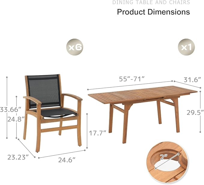 SUNSITT 7-Piece Outdoor Patio Dining Set, 55" - 71" Acacia Wood Expandable Table & 6 Breathable Textilene Mesh Chairs, All-Weather Patio Furniture w/Umbrella Hole for Backyard, Deck, Garden, Black