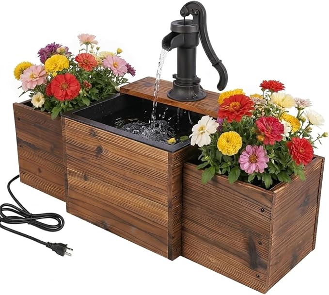 Water Fountain Outdoor, Garden Fountain with Planter Boxes, Wooden Outdoor Water Feature with Retro Hand Pump, Rustic Flower Pot for Backyard, Porch Decor & Patio, Plug-in Electric