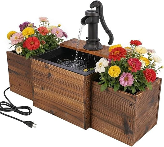 Water Fountain Outdoor, Garden Fountain with Planter Boxes, Wooden Outdoor Water Feature with Retro Hand Pump, Rustic Flower Pot for Backyard, Porch Decor & Patio, Plug-in Electric