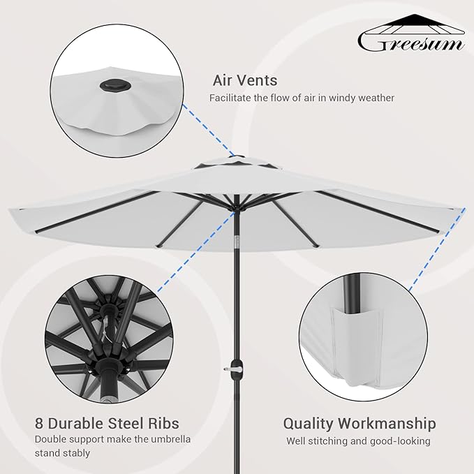 Greesum Patio Umbrella, Outdoor Table Umbrella with Push Button Tilt, Crank and 8 Sturdy Ribs