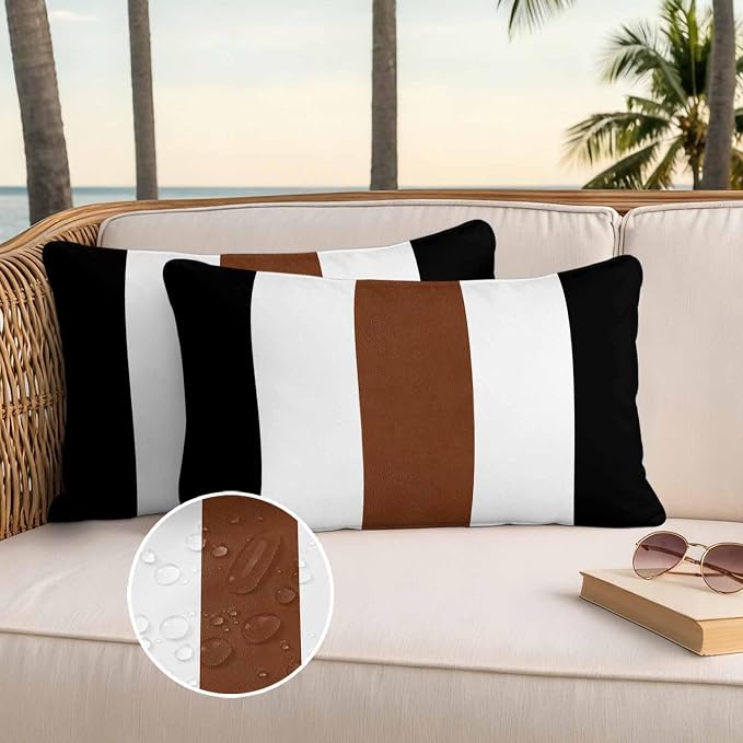 Boho Black Outdoor Waterproof Throw Pillow Covers Set of 2, 20"x12", Brown and White Striped Tribal Farmhouse Style Decorative Pillow Covers Outside Cushion Case for Patio Porch Garden