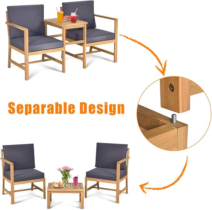 Tangkula 3 in 1 Acacia Wood Loveseat with Separable Coffee Table, 3-Piece Wooden Chairs Set with Cushions, 2-Seater Outdoor Furniture Set for Garden Backyard Balcony Patio Poolside (Natural Teak)